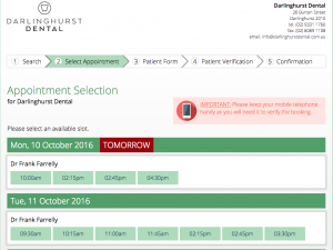 Online dental appointment booking screen with available appointments